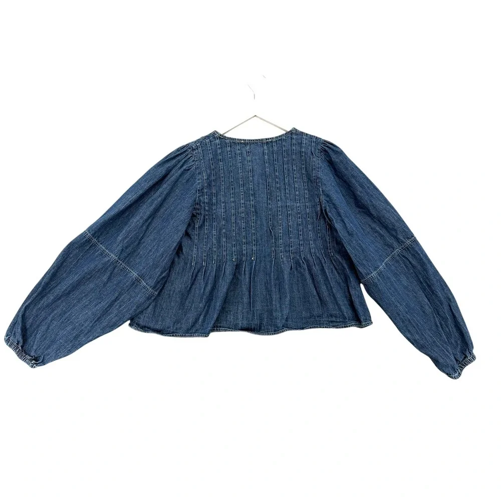 Altard State Blue Denim Pintuck Lace Up Balloon Sleeve Blouse Womens Small